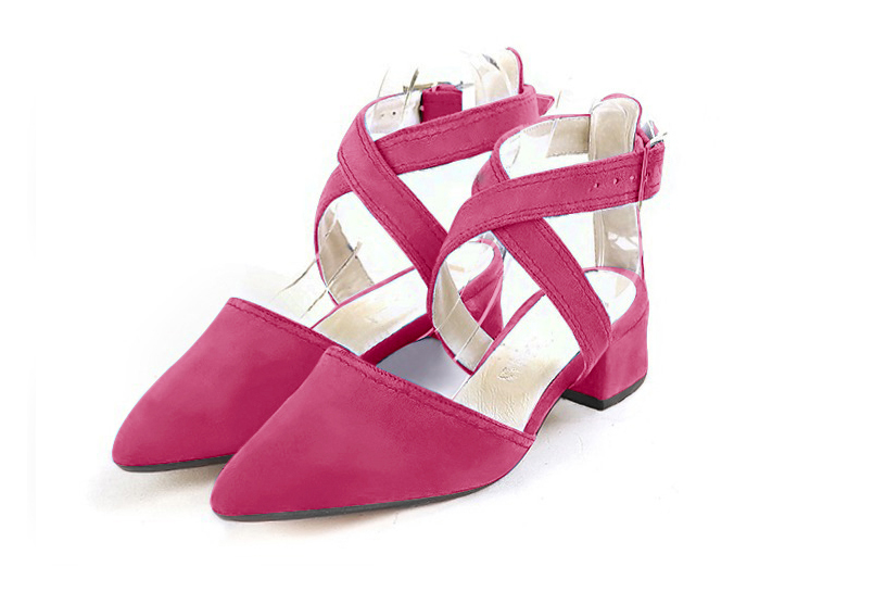 Dress closed-toe heels crossed straps in fuchsia pink leather with low flare heels and tapered toe - Front view